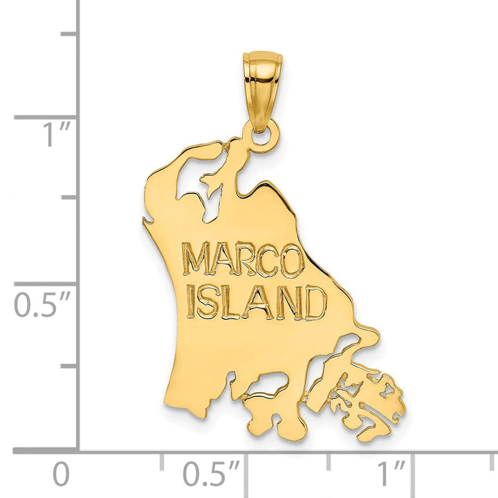 14k Yellow Gold Solid Polished Finish Cut Out Map Shape of MARCO ISLAND Florida Charm Pendant