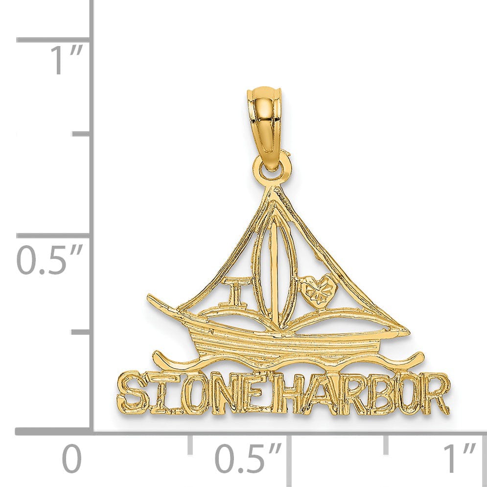 14k Yellow Gold Polished Textured Finish I LOVE STONE HARBOR Sailboat Cut Out Design Charm Pendant