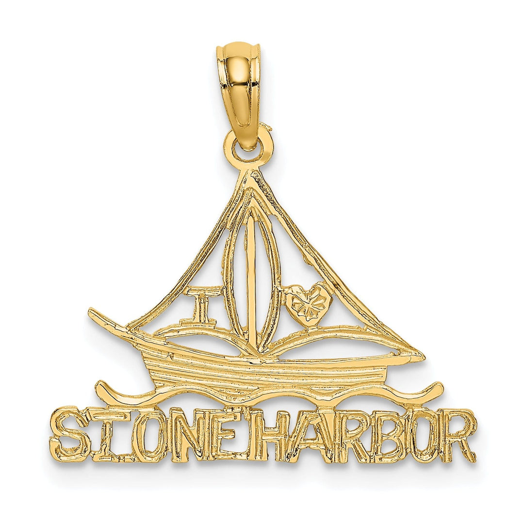 14k Yellow Gold Polished Textured Finish I LOVE STONE HARBOR Sailboat Cut Out Design Charm Pendant