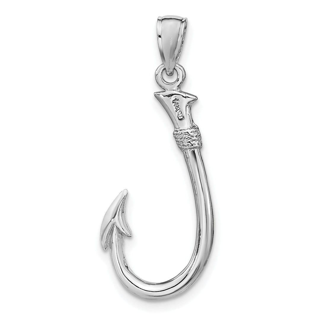 14k White Gold Polished Finish Solid 3-Dimensional Fishing Hook Charm Pendant