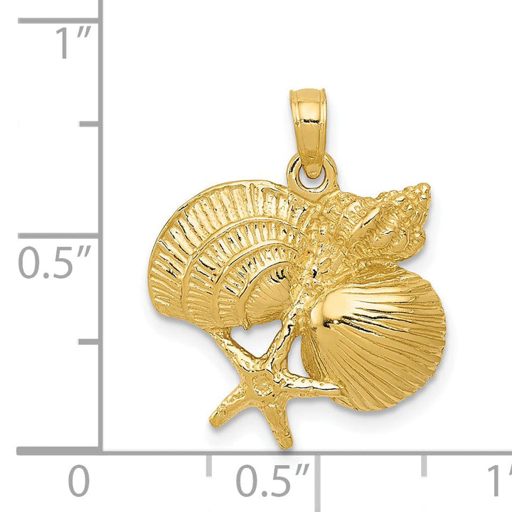 14k Yellow Gold Soild Textured Polished Finish Men's Four Shell Cluster Charm Pendant