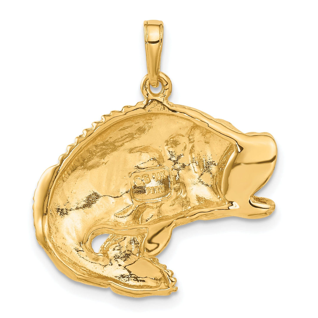 14k Yellow Gold Polished Textured Finish Solid Bass Fish Jumping Charm Pendant