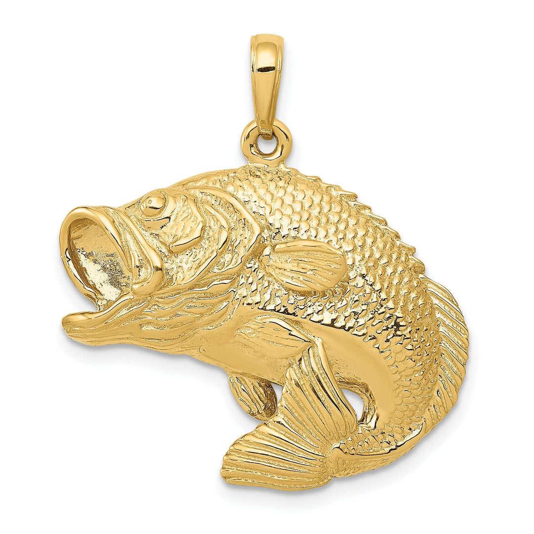 14k Yellow Gold Polished Textured Finish Solid Bass Fish Jumping Charm Pendant