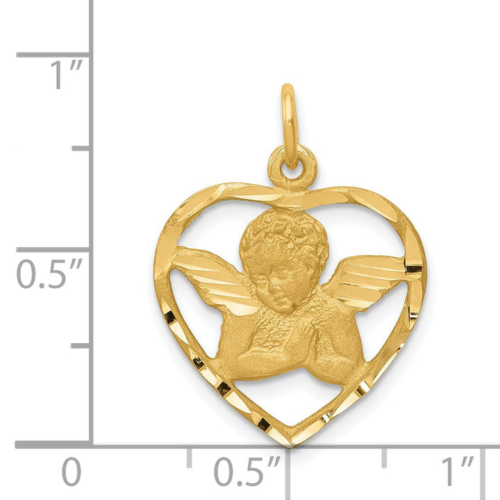 14k Yellow Gold Satin D.C Finish Solid Angel in Heart Pendant