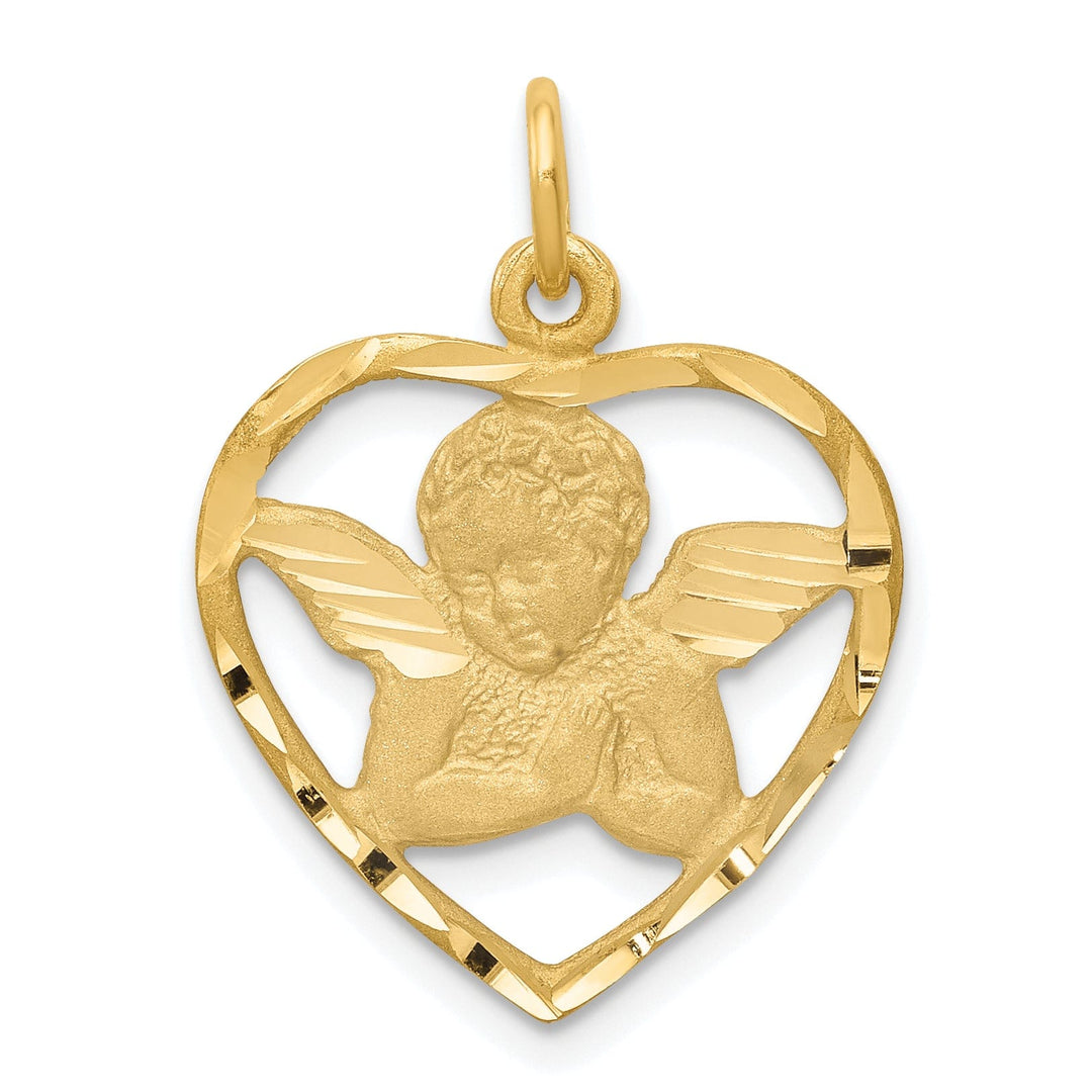 14k Yellow Gold Satin D.C Finish Solid Angel in Heart Pendant