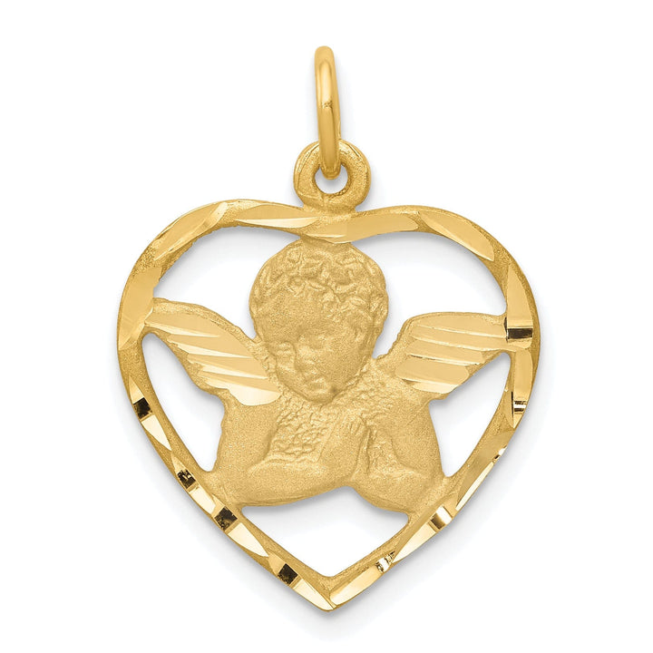 14k Yellow Gold Satin D.C Finish Solid Angel in Heart Pendant