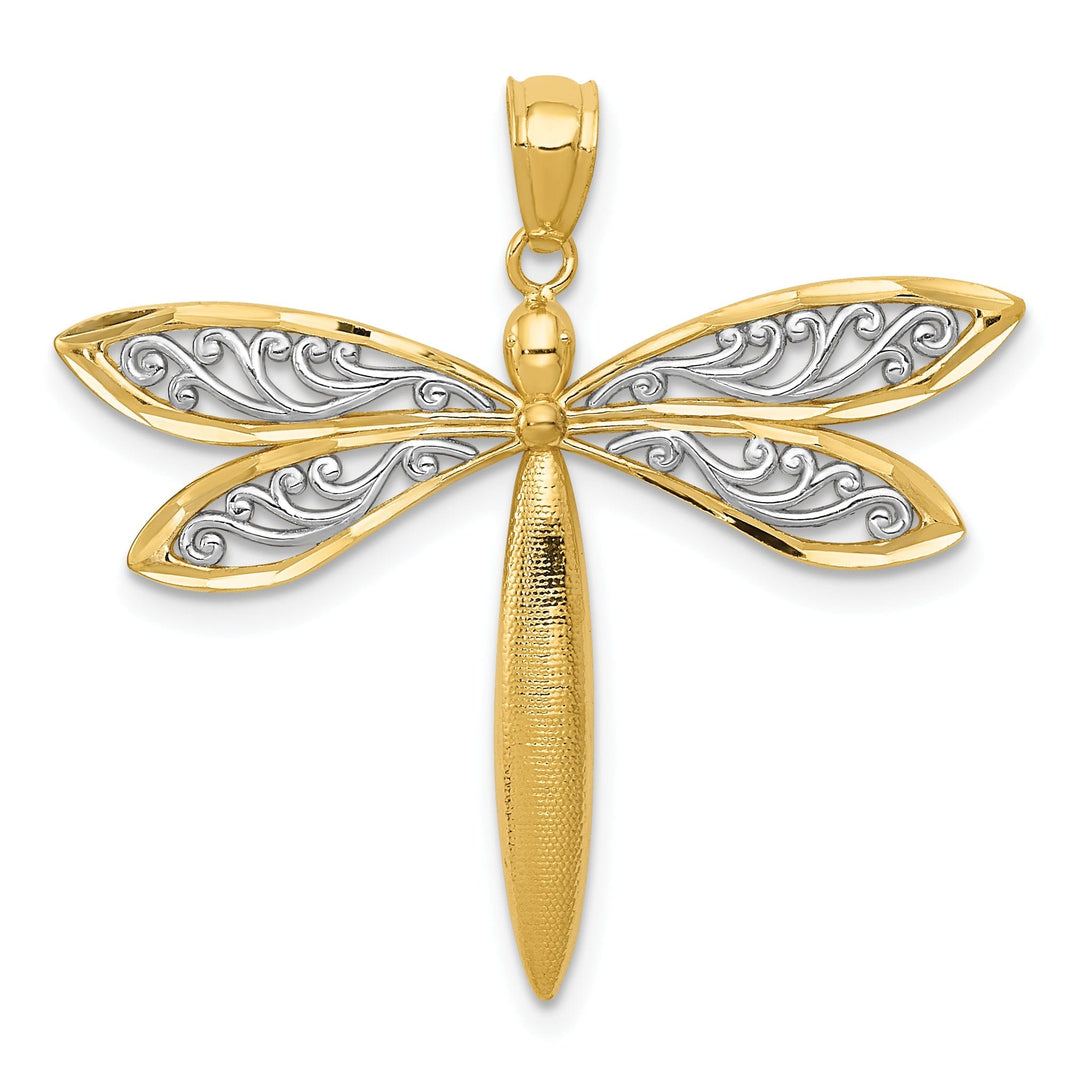 14k Yellow Gold White Rhodium Solid Open Back Textured Polished Finish Filligree Wing Design Dragonfly Charm Pendant