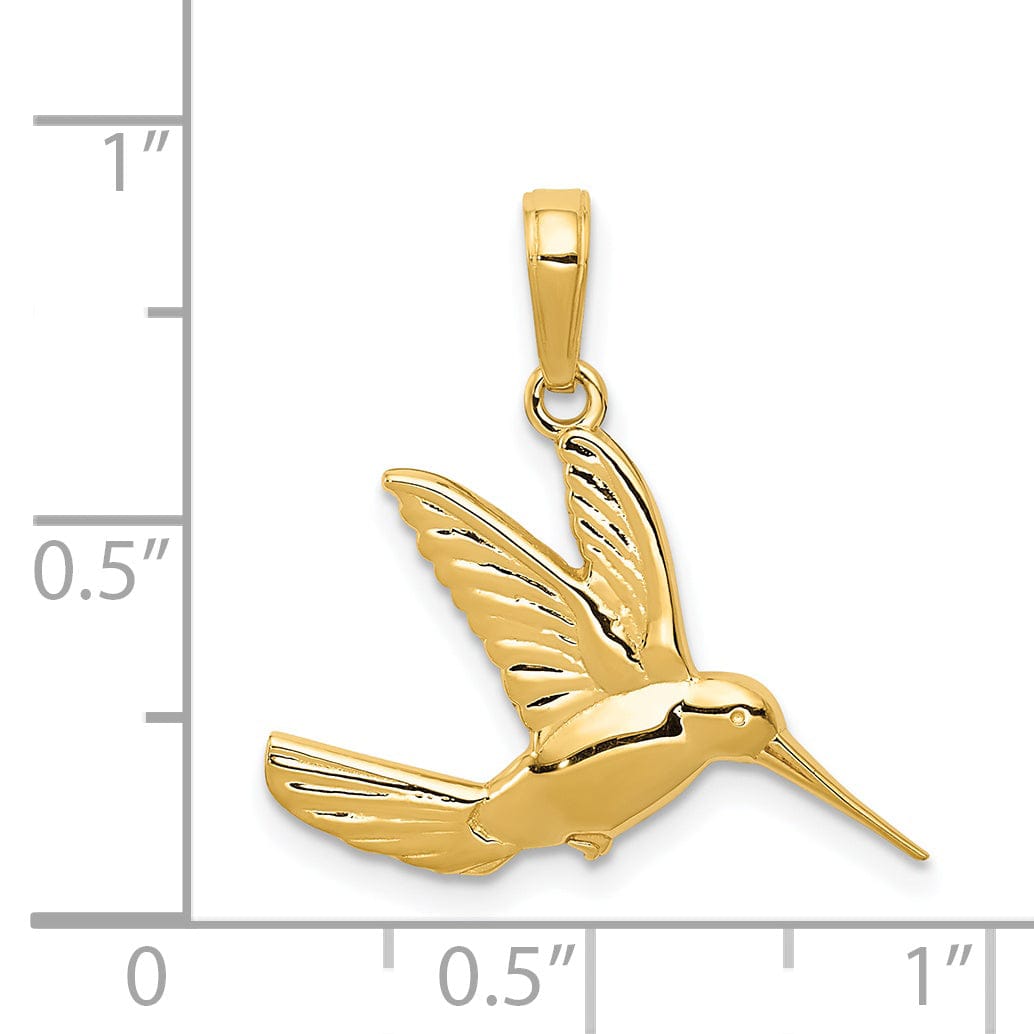 14k Yellow Gold Solid Polished Textured Finish Hummingbird in Flight Charm Pendant
