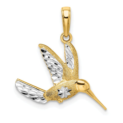 14k Yellow Gold White Rhodium Solid Polished Diamond Cut Textured Finish Hummingbird in Flight Charm Pendant at $ 135.47 only from Jewelryshopping.com