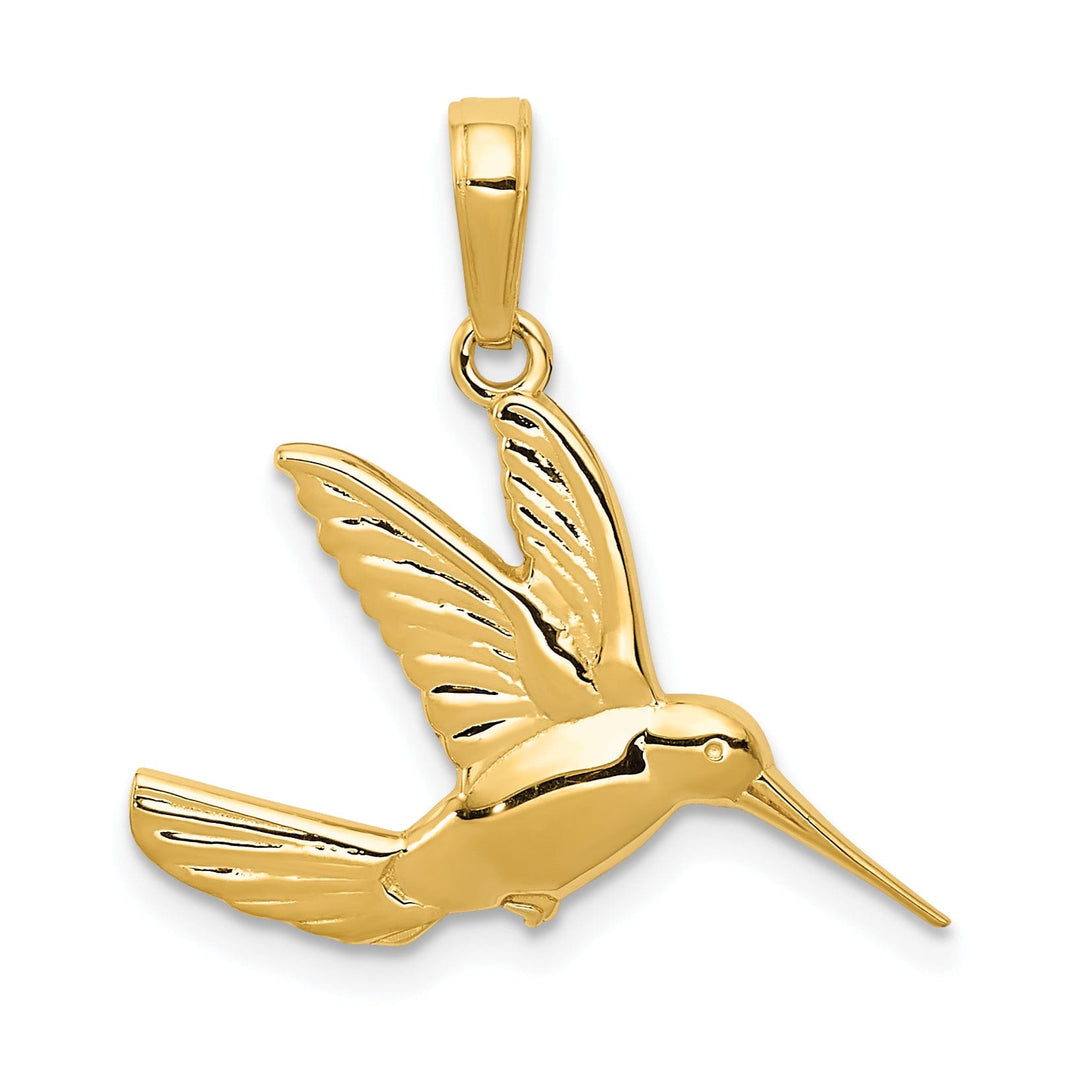 14k Yellow Gold Solid Polished Textured Finish Hummingbird in Flight Charm Pendant