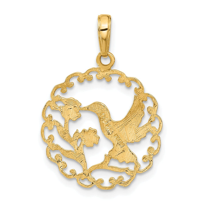 14k Yellow Gold Textured Polished Finish Soild Hummingbird in RoundCharm Frame Pendant