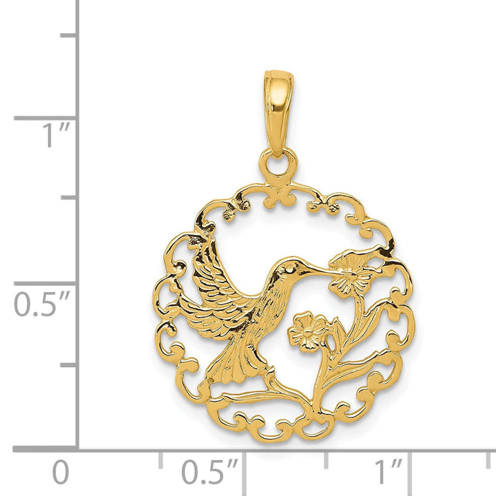 14k Yellow Gold Textured Polished Finish Soild Hummingbird in RoundCharm Frame Pendant