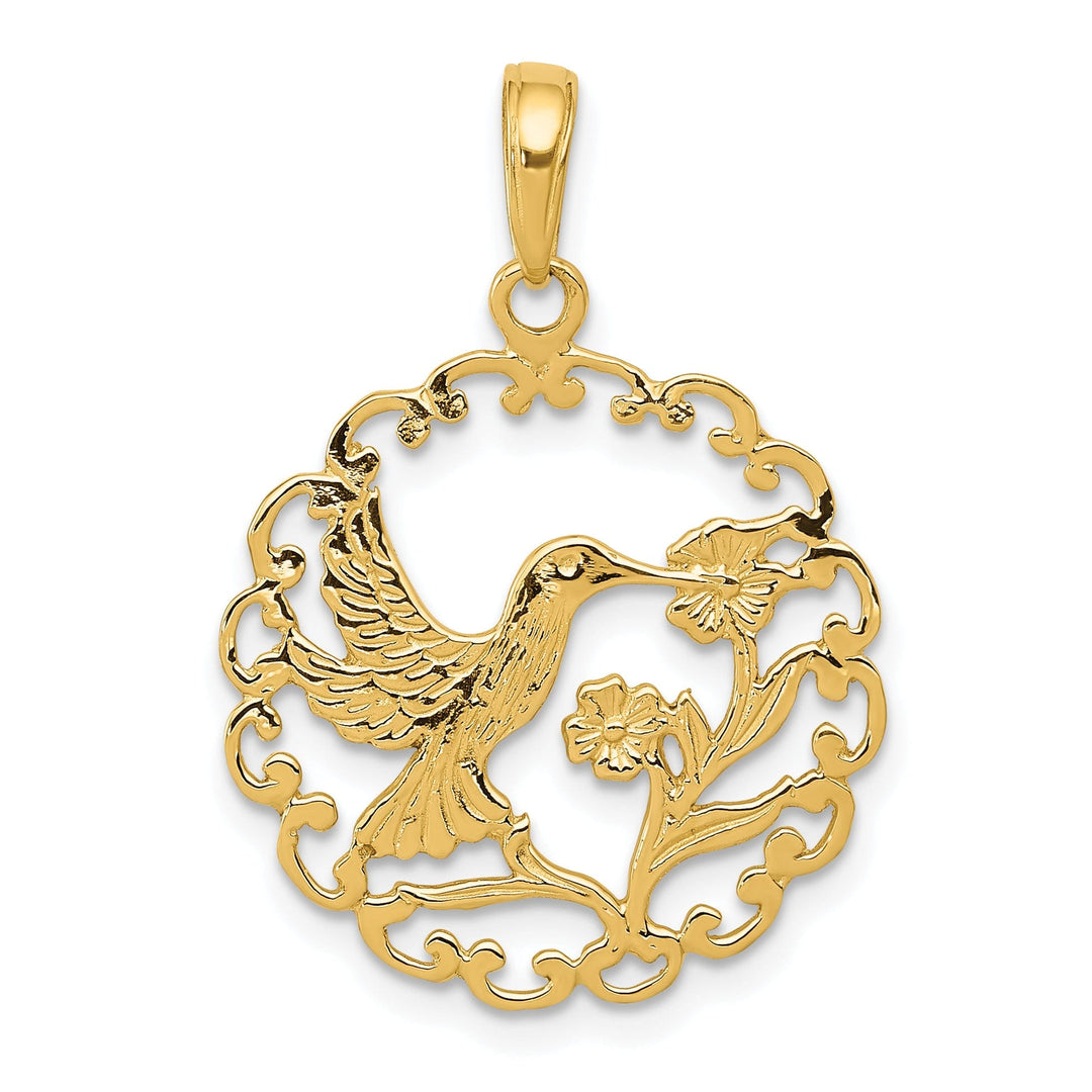 14k Yellow Gold Textured Polished Finish Soild Hummingbird in RoundCharm Frame Pendant