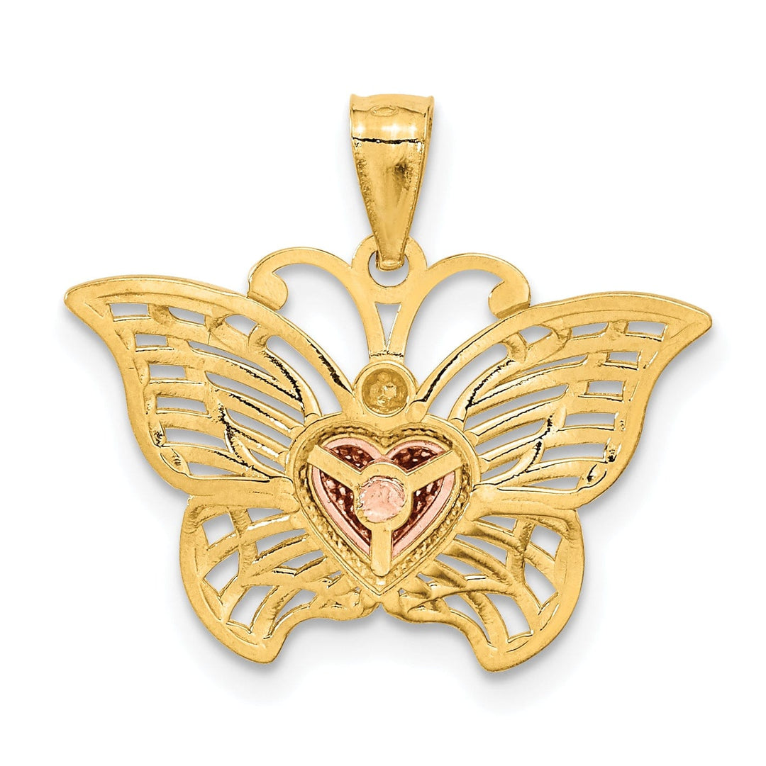14k Two-tone Gold Open Back Casted Diamond-cut Solid Polished Finish Butterfly with Heart Charm Pendant