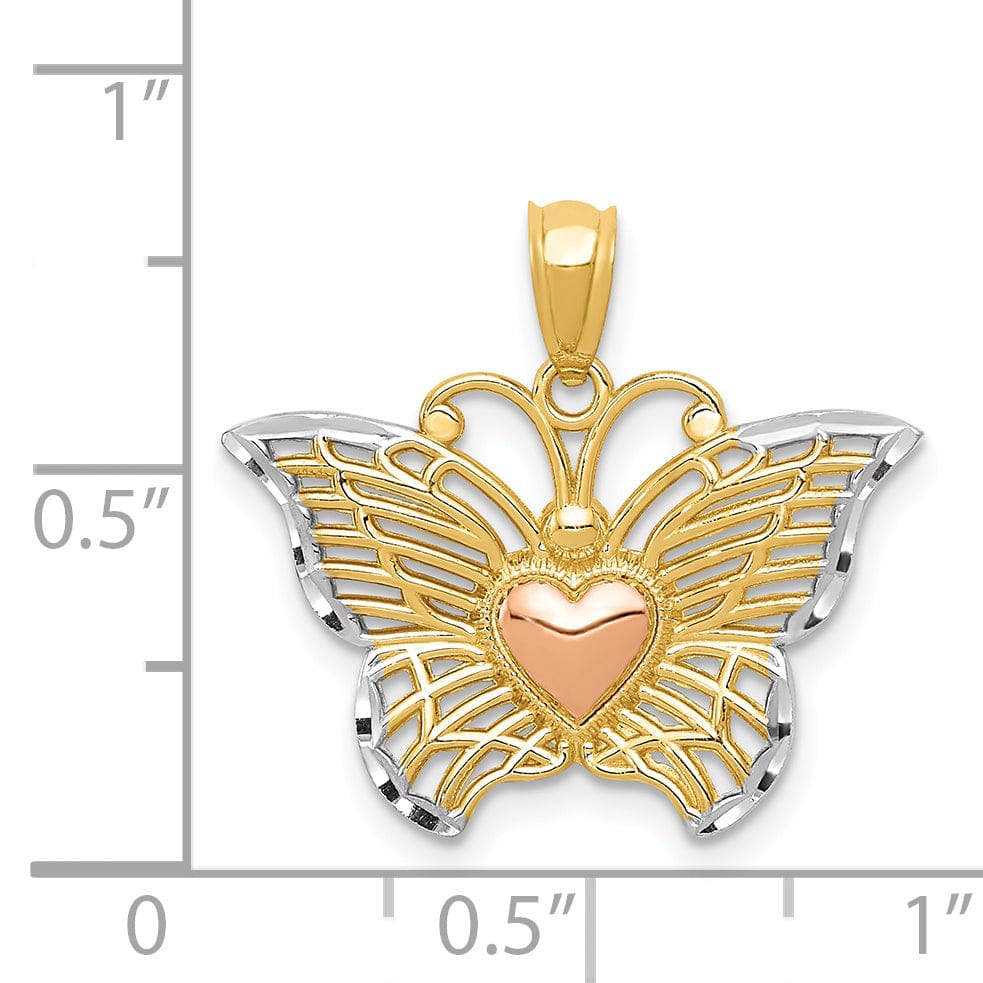 14k Two-tone Gold Open Back Casted Diamond-cut Solid Polished Finish Butterfly with Heart Charm Pendant