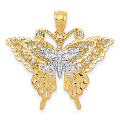 14k Yellow Gold with Rhodium Open Back Casted Solid Polished Finish Diamond-cut Fancy Butterfly Charm Pendant