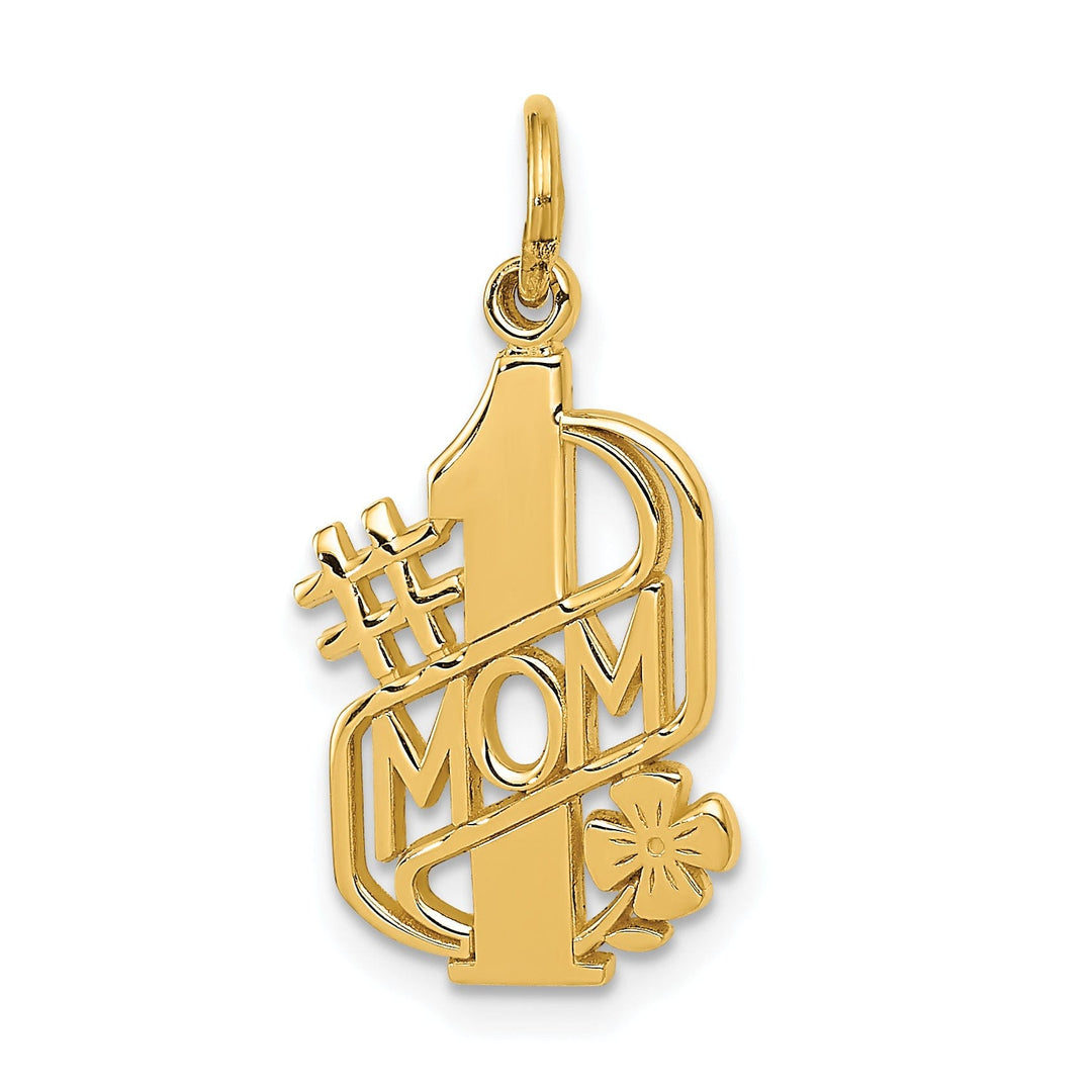 14k Yellow Gold Solid Polished Finish Script #1 MOM with 4-leaf Clover Flower Design Pendant