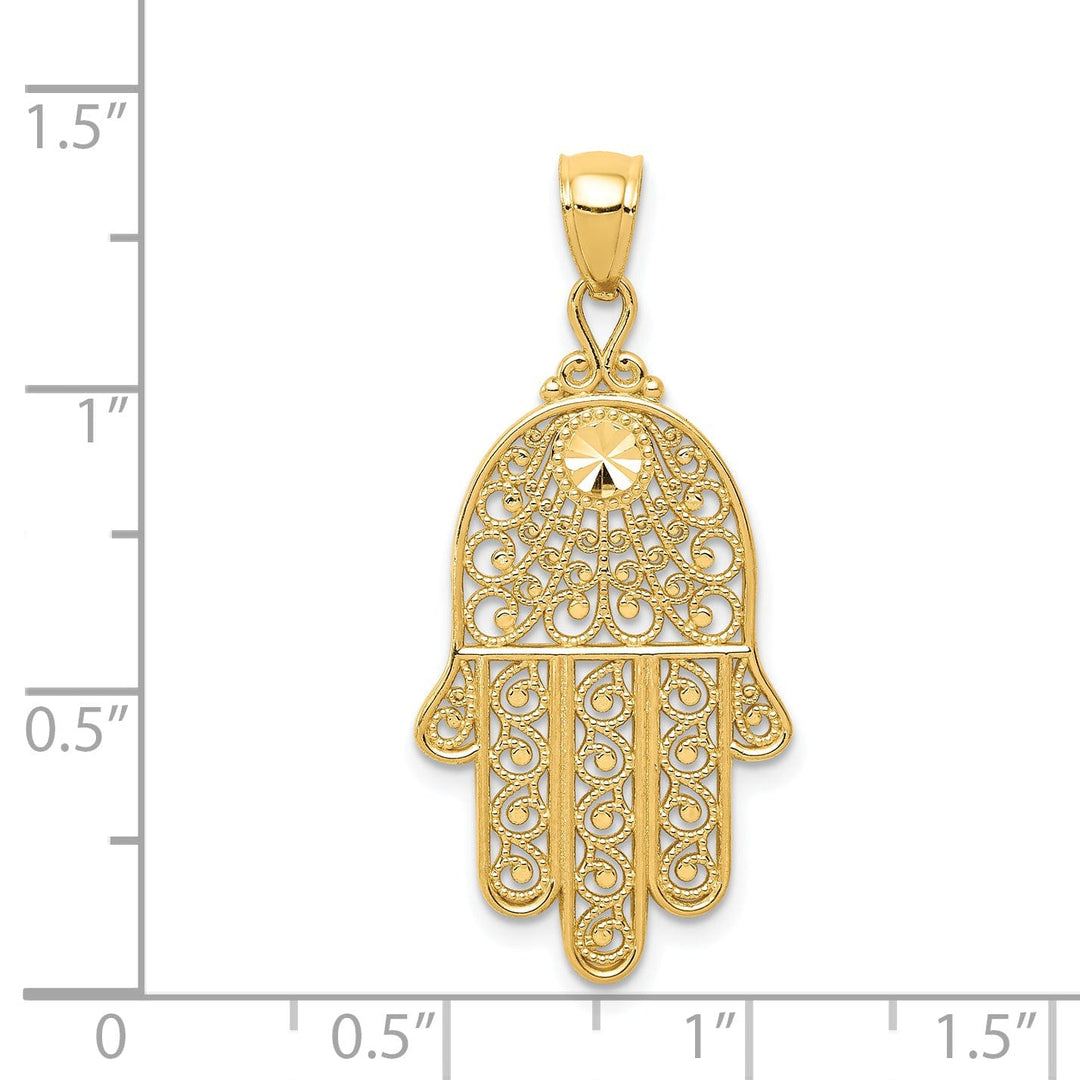 14k Yellow Gold Polished Texture D.C Finish Filigree Chamseh Pendant