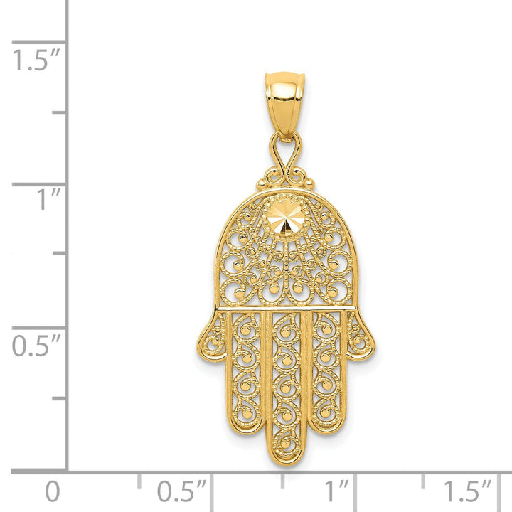 14k Yellow Gold Polished Texture D.C Finish Filigree Chamseh Pendant