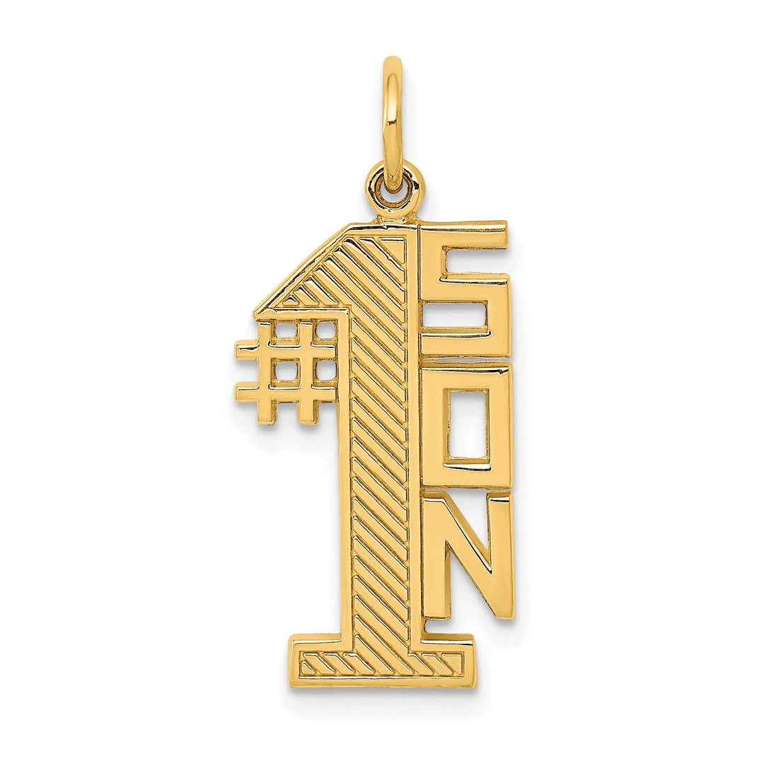 14k Yellow Gold Polished Textured Finish Flat Back Script #1 SON Vertical Shape Design Charm Pendant