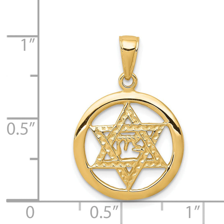14K Yellow Gold Polished Finish Jewish Chai In Star Of David Pendant