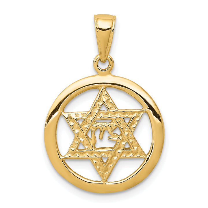 14K Yellow Gold Polished Finish Jewish Chai In Star Of David Pendant