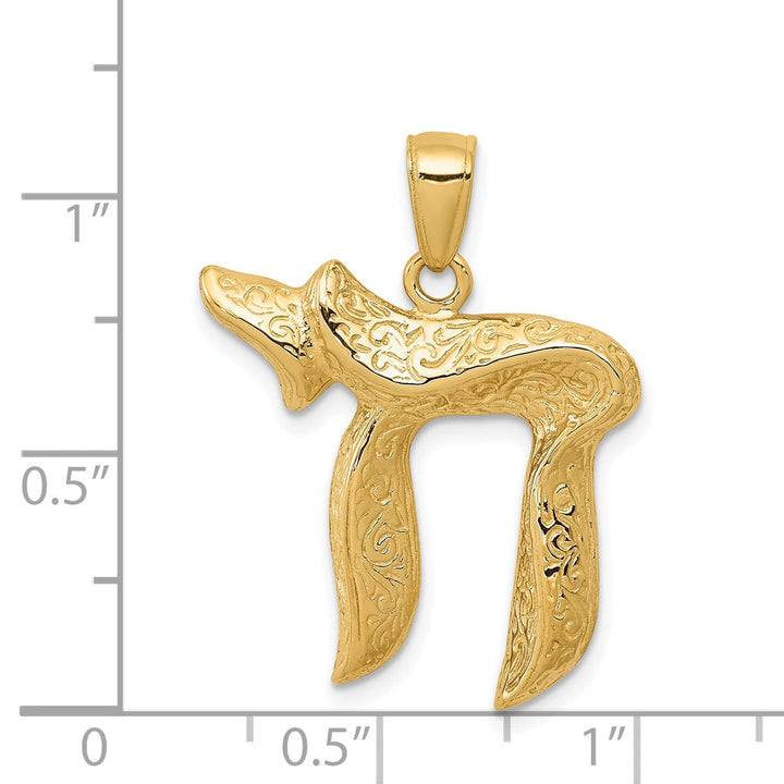 14k Yellow Gold Polished Textured Finish Chai Long Life Design Pendant