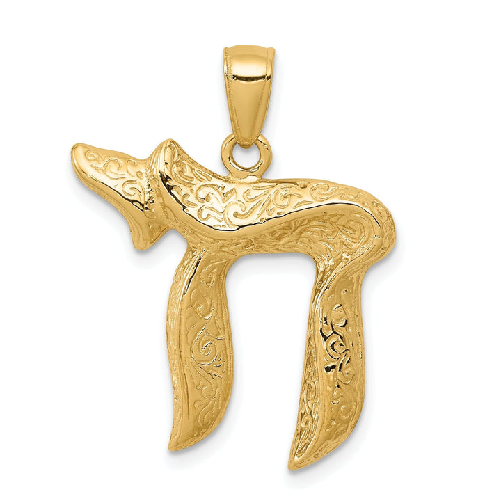 14k Yellow Gold Polished Textured Finish Chai Long Life Design Pendant