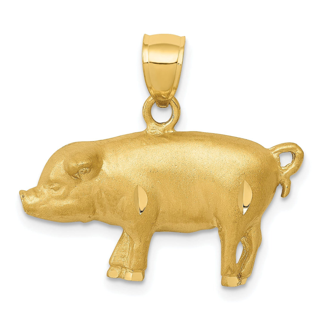 14K Yellow Gold Open Back Diamond Cut Brushed Finish Solid Pig Charm Pendant