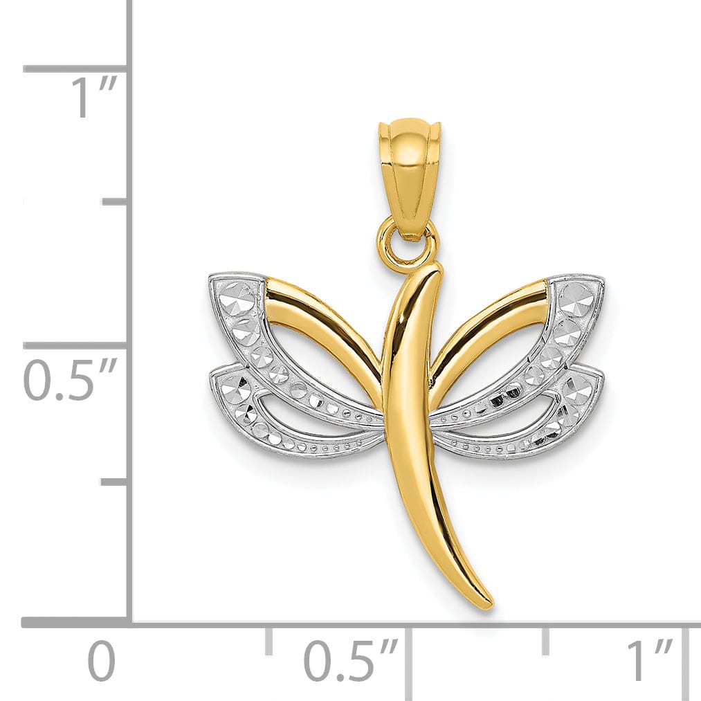 14k Yellow Gold White Rhodium Open Back Solid Polished Finish Dragonfly Charm Pendant