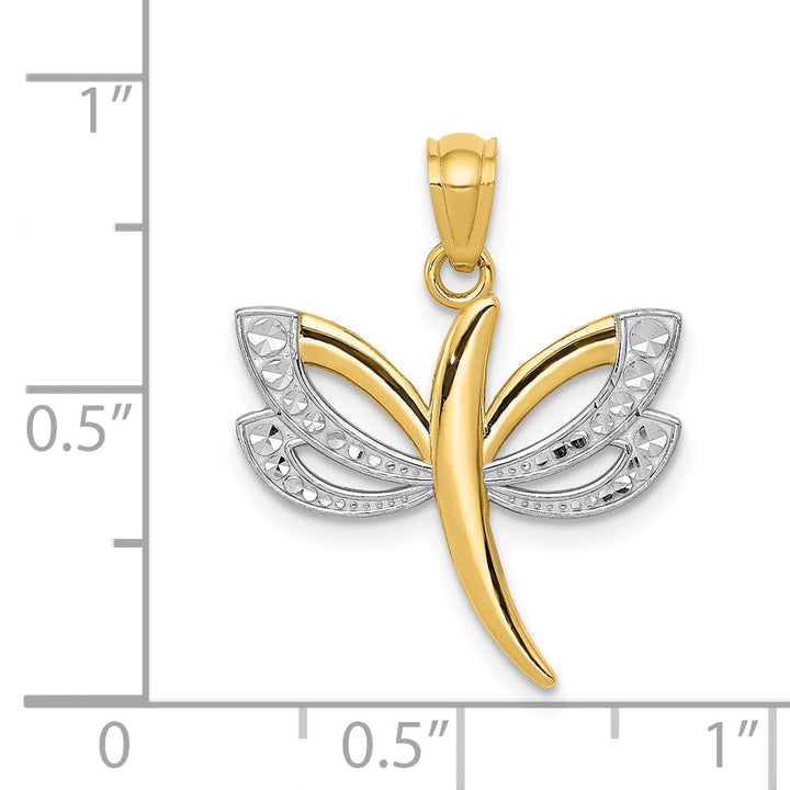 14k Yellow Gold White Rhodium Open Back Solid Polished Finish Dragonfly Charm Pendant