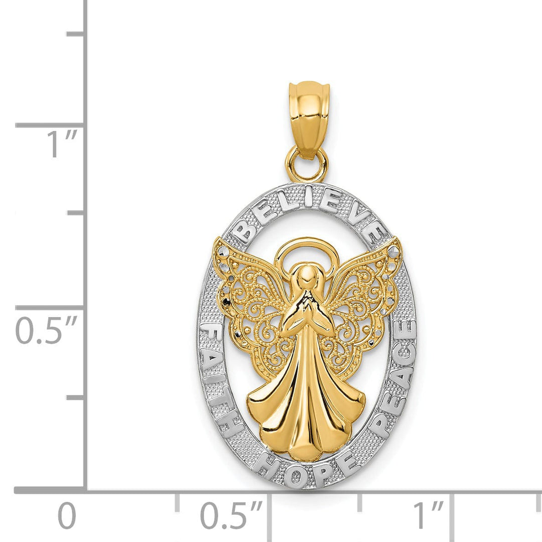 14K Yellow Gold White Rhodium BELIEVE PEACE FAITH HOPE Angel Pendant