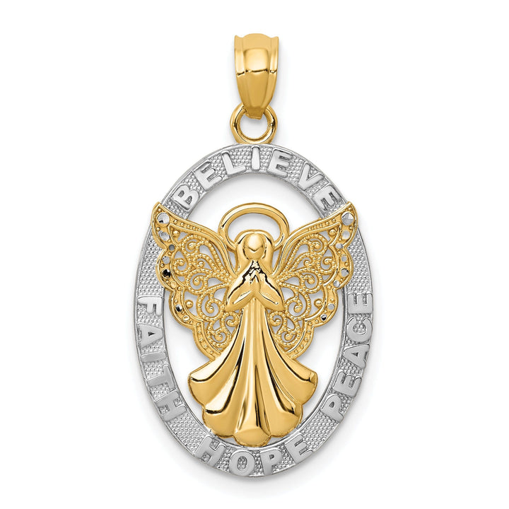 14K Yellow Gold White Rhodium BELIEVE PEACE FAITH HOPE Angel Pendant