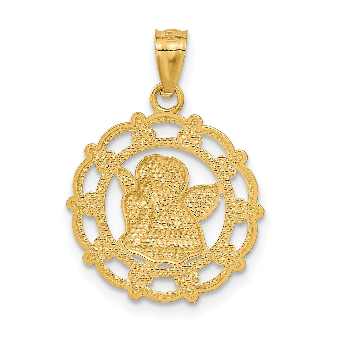14K Yellow Gold Rhodium Finish Round Concave Medal Angel Pendant