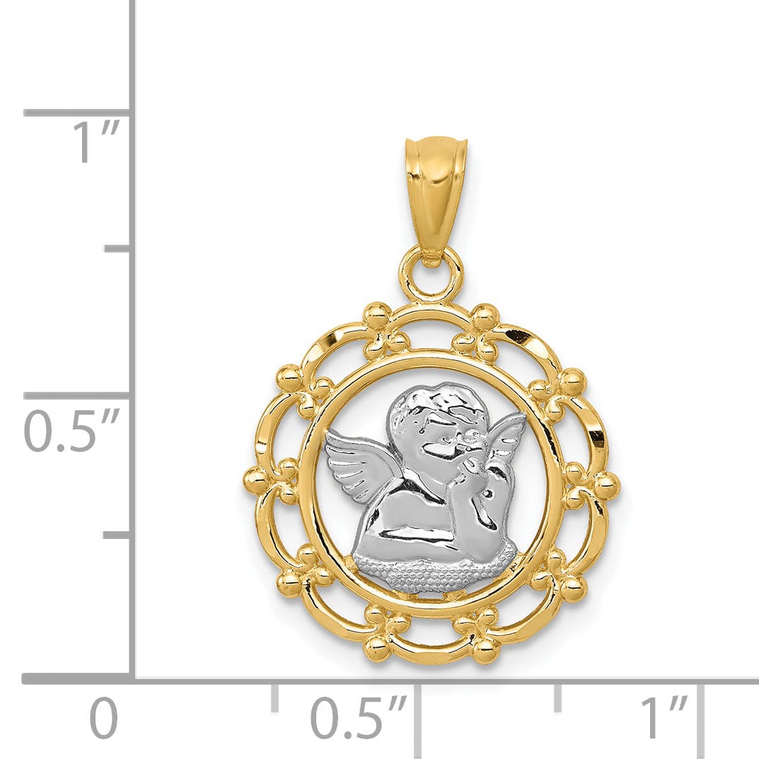 14K Yellow Gold Rhodium Finish Round Concave Medal Angel Pendant