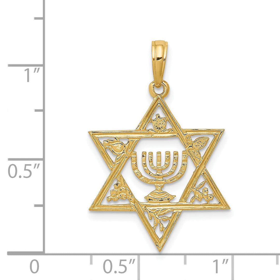 14K Yellow Gold Polished Star of David with Menorah in Center Pendant