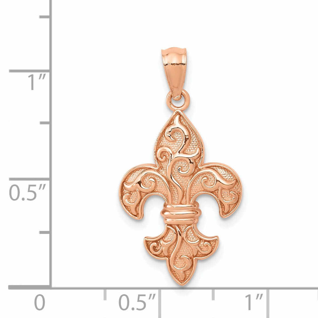 14k Rose Gold Solid Textured Polished Finish Beaded Concave Shape Mens Fleur De Lis Charm Design Pendant