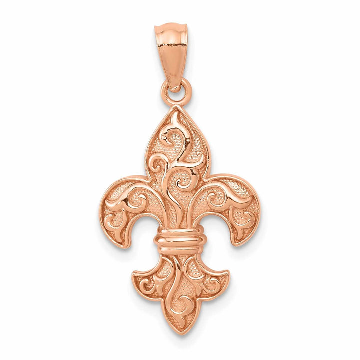 14k Rose Gold Solid Textured Polished Finish Beaded Concave Shape Mens Fleur De Lis Charm Design Pendant