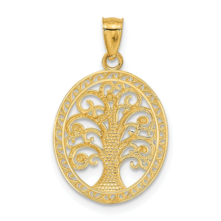 14k Yellow Gold White Rhodium Solid Textured Polished Finish Oval Shape Tree of Life Charm Pendant