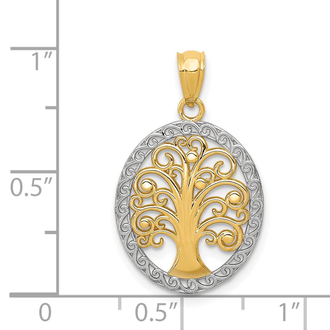 14k Yellow Gold White Rhodium Solid Textured Polished Finish Oval Shape Tree of Life Charm Pendant