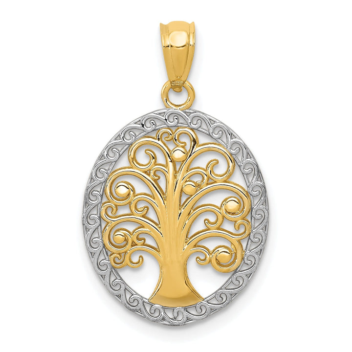 14k Yellow Gold White Rhodium Solid Textured Polished Finish Oval Shape Tree of Life Charm Pendant