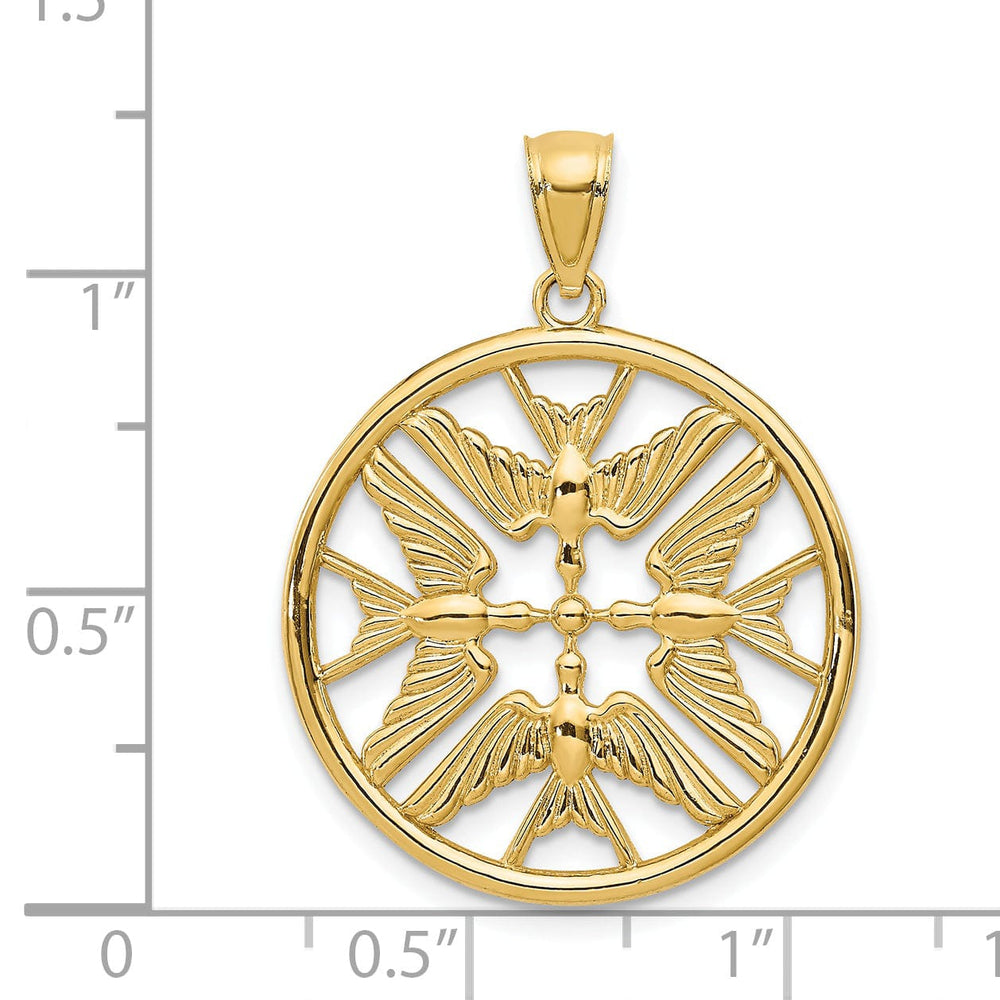 14k Yellow Gold Open Back Polished Finish Solid Doves in Circle Design Charm Pendant