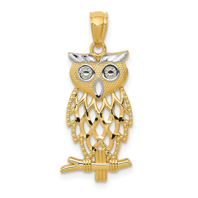 14k Yellow Gold White Rhodium Open Back Polished Diamond Cut Finish Owl On branch CharmPendant at $ 97.07 only from Jewelryshopping.com