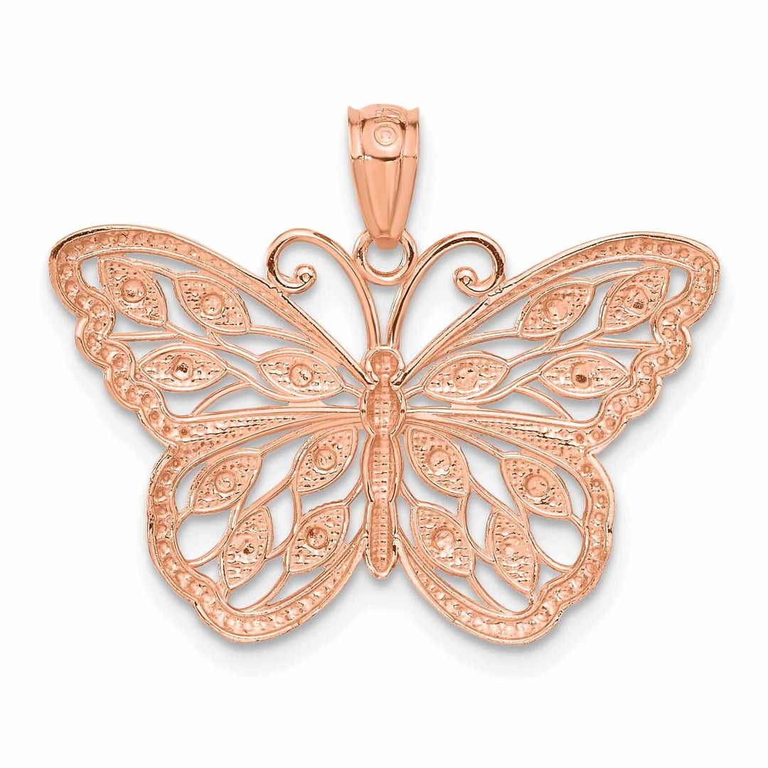 14k Rose Gold with Rhodium Textured Back Solid Casted Polished Finish Diamond-cut Butterfly Charm Pendant