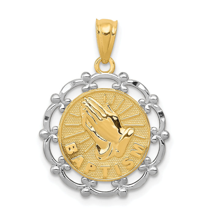 14k Two Tone Gold Baptism Medal Pendant. Engraving fee $22.00.