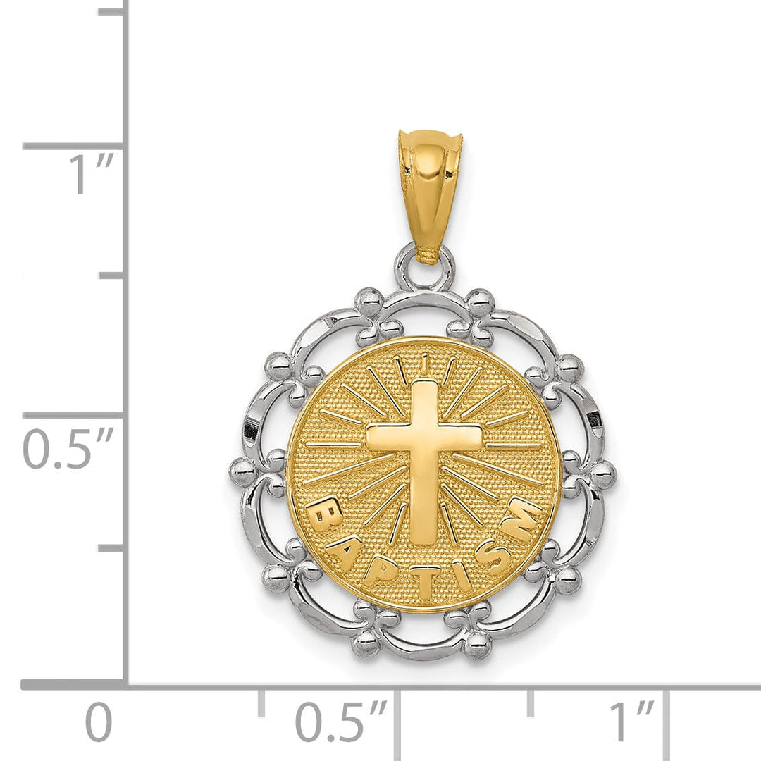 14k Two Tone Gold Baptism Medal Pendant. Engraving fee $22.00.