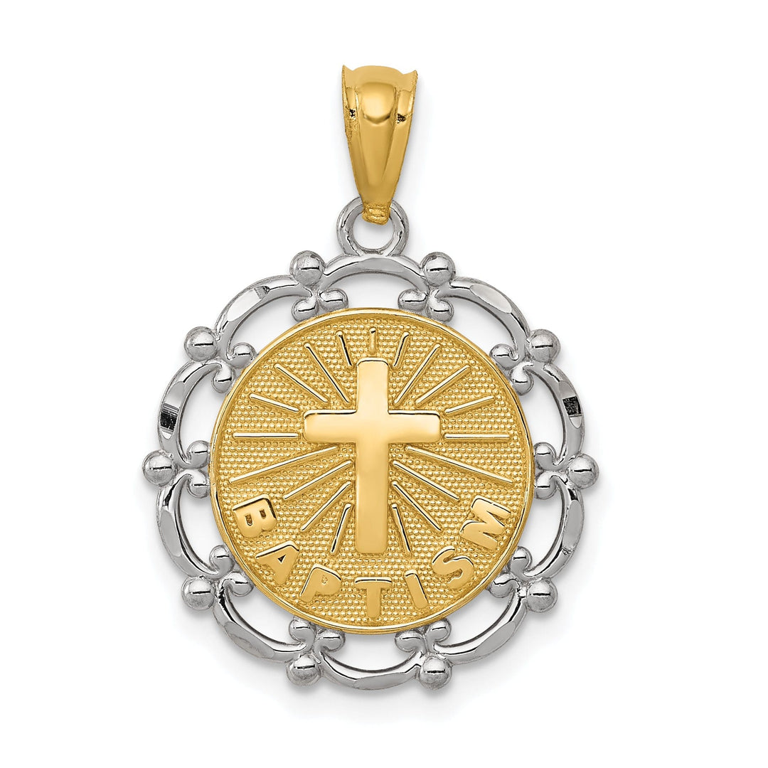 14k Two Tone Gold Baptism Medal Pendant. Engraving fee $22.00.