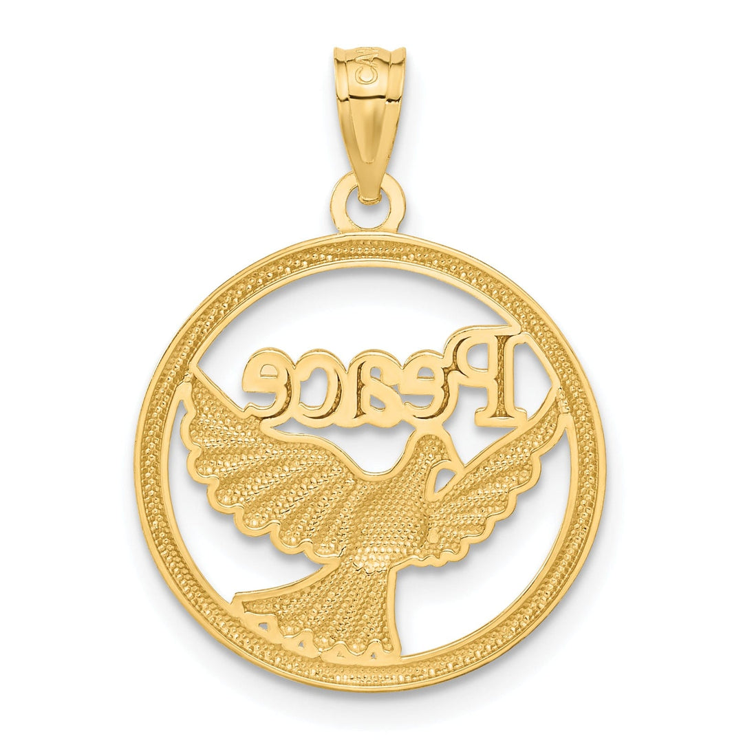 14K Yellow Gold Rhodium "Peace" Discription with Dove Design Pendant