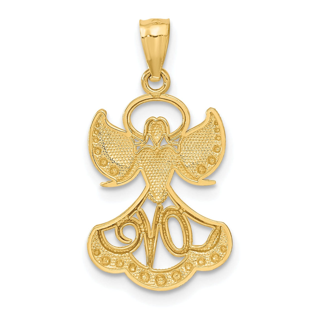 14K Yellow Gold White Rhodium Polished Finish Solid LOVE Angel Pendant