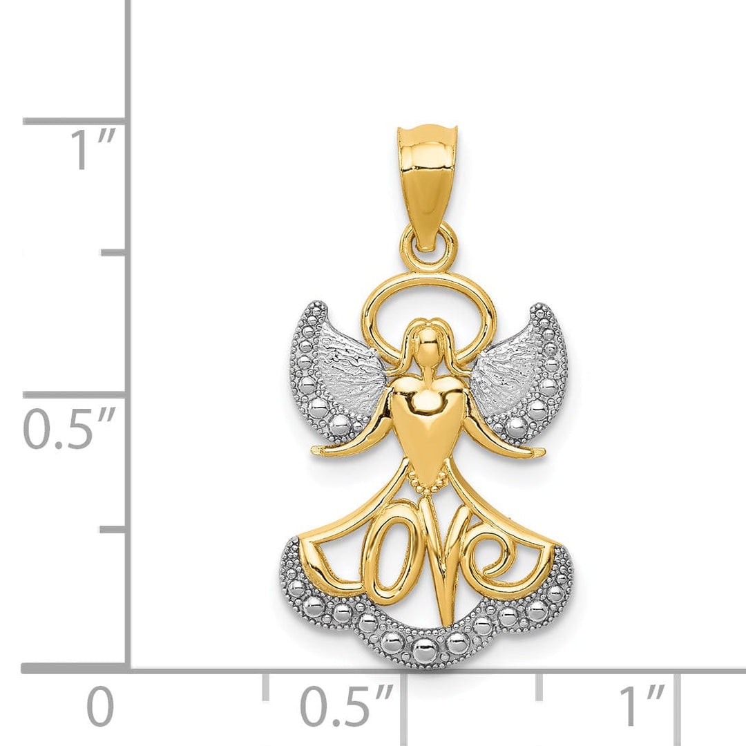 14K Yellow Gold White Rhodium Polished Finish Solid LOVE Angel Pendant